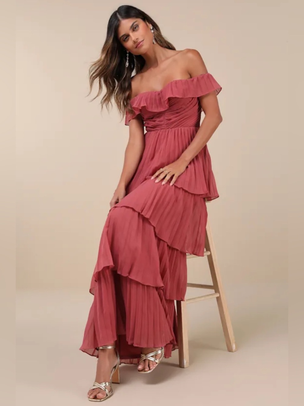 Lulus Always Remarkable Rusty Rose Pleated Off-the-Shoulder Maxi Dress Sz M nwt